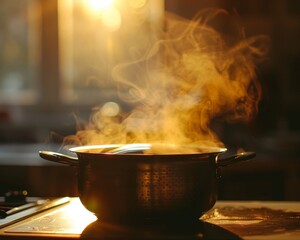 A pot of dashi at dawn its steam mingling with the morning light - obrazy, fototapety, plakaty