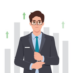 Young Business man with high self esteem and confidence. Flat vector illustration isolated on white background