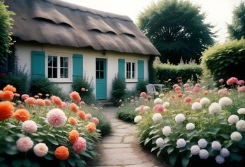 Charming, quaint cottage garden with blooming flowers 2 (130) - obrazy, fototapety, plakaty