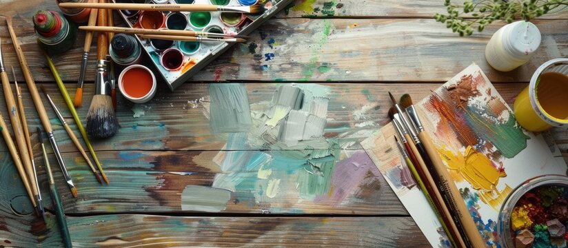 Art supplies on a wooden table