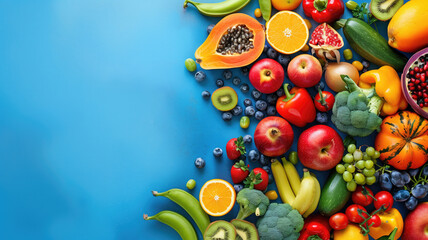 Fototapeta na wymiar photo of a colorful assortment of fruits and vegetables on a vibrant blue background with plenty of room for text or design elements with copy space Generative AI