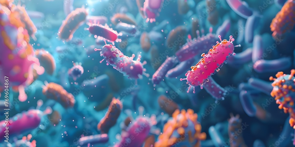Poster d render close-up of lactobacillus and salmonella bacteria viewed under a microscope. concept micros