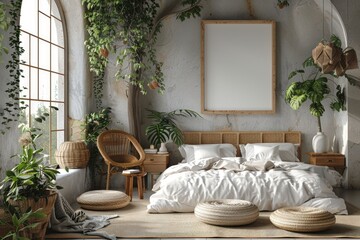 Scandinavian Style Bedroom with a Bright and Airy Ambiance, Mock-Up Frame Surrounded by Lush Indoor Plants, Concept of Minimalism and Tranquility

