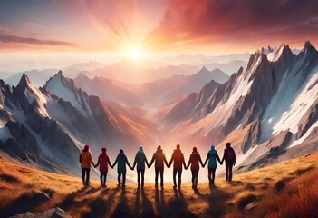 Panoramic view of team of people holding hands and helping each other reach the mountain top in spectacular mountain sunset, landscape.