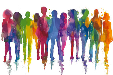 Isolated watercolor silhouette of diverse and multi-ethnic young people.