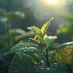 Macro shot of a praying mantis in sunlight generated AI - obrazy, fototapety, plakaty