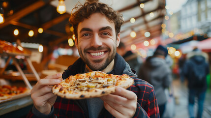 person eating pizza at the market