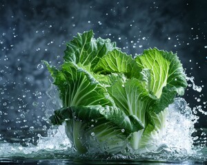 Napa cabbage in a splash of water its leaves spreading like wings - obrazy, fototapety, plakaty