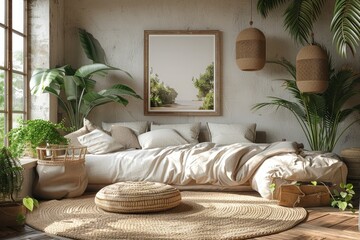 Scandinavian Style Bedroom with a Bright and Airy Ambiance, Mock-Up Frame Surrounded by Lush Indoor Plants, Concept of Minimalism and Tranquility
