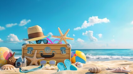Vibrant Summer Vacation Concept with Beach Essentials. Travel Suitcase, Sunglasses, Hat, and Sand Toys on a Sunny Beach. Ready for Summer Getaway and Fun in the Sun. AI