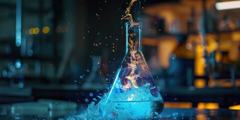 Chemical reactions in a laboratory flask.  - obrazy, fototapety, plakaty