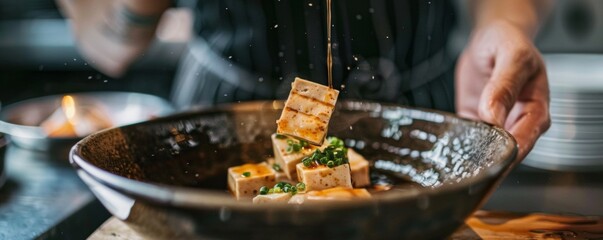 Tofu being delicately dipped into a savory sauce the action captured mid-movement - obrazy, fototapety, plakaty