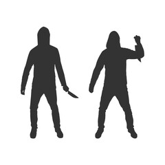 Criminal Silhouette with a Knife in a Hood. People and social issues concept vector