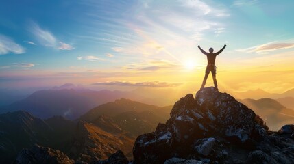 silhouette of man standing and stretching arms on mountain peak ,freedom concept