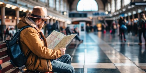 A traveler browsing a map while sitting on a bench in a train station.  - obrazy, fototapety, plakaty