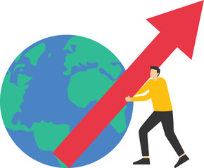 business growing, world economy improving or improving, elegant businessman worker with globe planet and up arrow, vector illustration design.