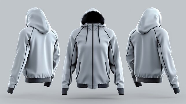 A 3D illustration of a blank tracksuit top or jacket, designed for sportswear, shown from the front, side, and back