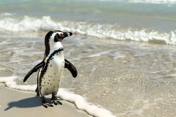 Fototapeta premium AI-Created Image of a Penguin on a Sandy Beach under Sunlight. Perfect for Educational and Nature Themes. Eco-friendly Representation in Photos. AI