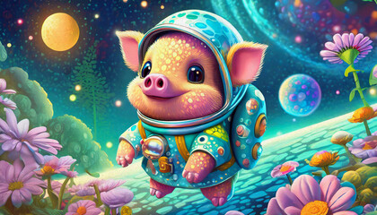 Obraz na płótnie Canvas Oil painting style cartoon character baby pig Astronaut adrift in Space 
