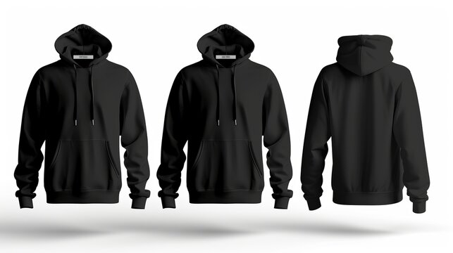 A blank black hoodie template, featuring a long sleeve sweatshirt with a clipping path, designed for mockups, isolated on a white background