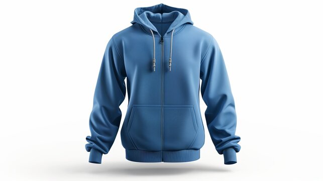 A blank blue men's hoodie, designed with long sleeves and a zipper for mockup purposes, isolated on a white background