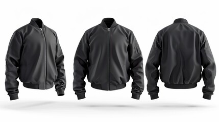 A blank men's bomber jacket with a zipper, showcased in front, back, and side views, isolated on a white backdrop for clear viewing