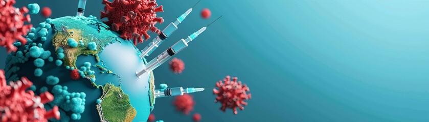 Design a dynamic and impactful image showcasing a tilted angle view of a globe surrounded by a network of syringes, symbolizing the global vaccination efforts Incorporate elements representing  - obrazy, fototapety, plakaty