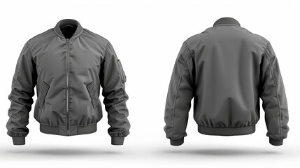 A blank men's bomber jacket with a zipper, showcased in front, back, and side views, isolated on a white backdrop for clear viewing - obrazy, fototapety, plakaty