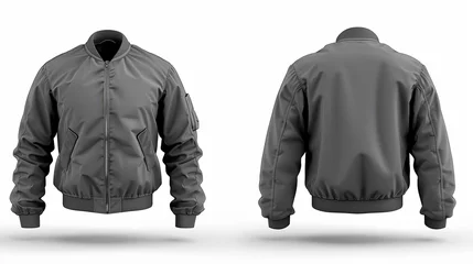 Fotobehang A blank men's bomber jacket with a zipper, showcased in front, back, and side views, isolated on a white backdrop for clear viewing © Orxan