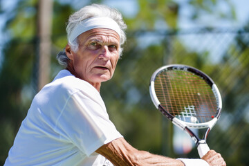 Portrait of senior man playing tennis on sunny day in the park
