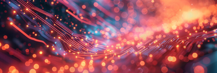 Obraz premium Cyberpunk Technical background abstraction UI UX modern trendy design Place for text. Lines and dots microcircuit hologram. Template poster banner email header Horizontal 3D art. Generative Ai content