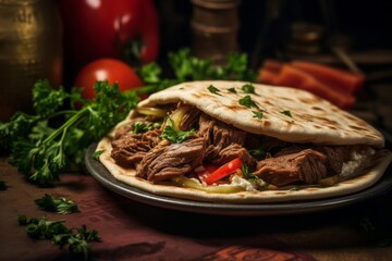 Exquisite doner kebab on a rustic plate against a cork background