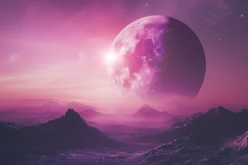 Papier Peint photo Lavable Aubergine Space landscape. Desert landscape on the surface of another planet with mountains and giant moon in space. Extraterrestrial landscape, scenery of alien planet in deep space.