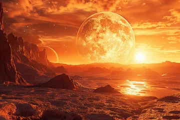 Foto op Plexiglas Baksteen Space landscape. Desert landscape on the surface of another planet with mountains and giant moon in space. Extraterrestrial landscape, scenery of alien planet in deep space.