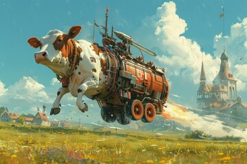 A cow milkman on a rocketpowered delivery cart, animated with flair, as he makes speedy drops around a fantastical town