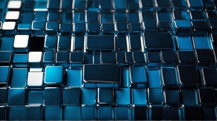 Fototapeta premium Futuristic blue shiny metallic square rectangular geometric sheets pattern background abstract minimalist modern technology ene from Generative AI