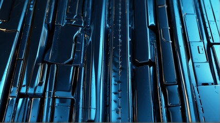 Obraz premium Futuristic Blue shiny metallic straight sheets pattern background abstract concept of stillness hard minimalist modern tech from Generative AI