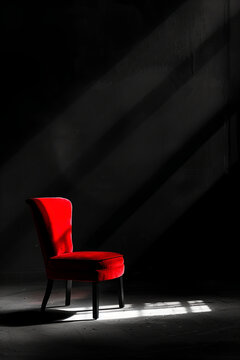 A red chair inside a dark empty room with light falling on it