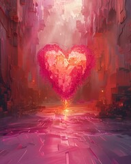 A digital artwork of a pixel heart, its pink aura illuminating a space filled with warm, soothing tones and gentle light - obrazy, fototapety, plakaty