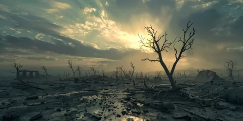 Afwasbaar Fotobehang Kaki Wasteland landscape pattern, with silhouettes of dead trees, scattered debris, and distant ruins under a bleak sky, desolation of post-apocalyptic world created with Generative AI Technology