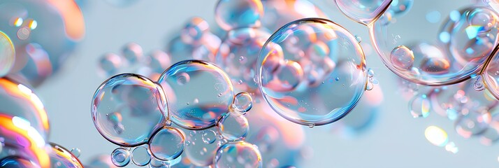 An array of translucent soap bubbles with reflective surfaces against a pastel background creating a dreamy abstract texture.
