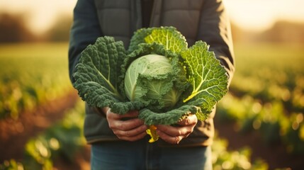 A person is holding a large head of cabbage in a field - obrazy, fototapety, plakaty