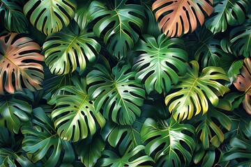  tropical leaves on coral color background minimal summer  - obrazy, fototapety, plakaty