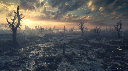 Wasteland landscape pattern, with silhouettes of dead trees, scattered debris, and distant ruins under a bleak sky, desolation of post-apocalyptic world created with Generative AI Technology - obrazy, fototapety, plakaty