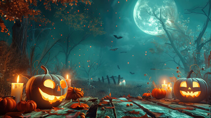 Obraz premium halloween pumpkin head jack lantern with burning candles spooky forest with a full moon and wooden table pumpkins in graveyard in the spooky night halloween backdrop ai generative
