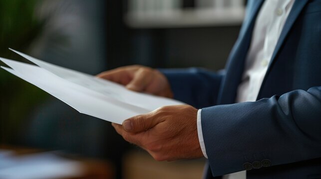 A businessman's hand holding a document report with a serious expression, office background