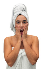 young woman, with a towel wrapped around her chest and head, is shown with hands on her face in a gesture of astonishment, mouth agape, after a shower, displaying surprise on transparent background