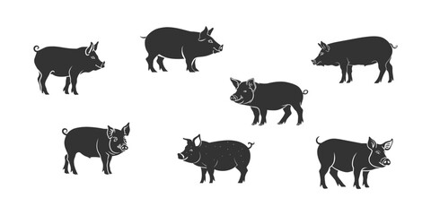 Set of pig silhouettes in various poses. Pork, food, meat, black flat silhouette vector illustration.