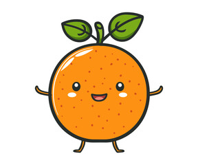 Adorable cartoon character of a smiling orange with leaves, cute vector illustration.