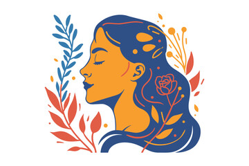 Vector illustration profile of a woman with floral motifs in blue and orange